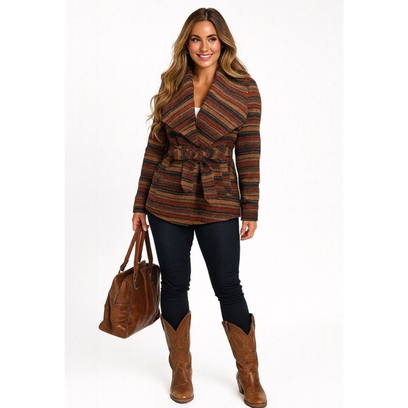 Womens Wool Blend Aztec Southwestern Boho Cardigan Jacket S. Belted Tribal Chic - Picture 1 of 11